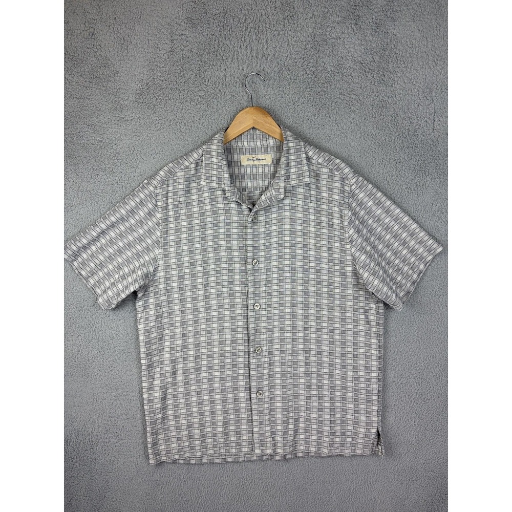 Tommy Bahama Shirt Mens Large Gray Check 100% Silk Short Sleeve Button Casual